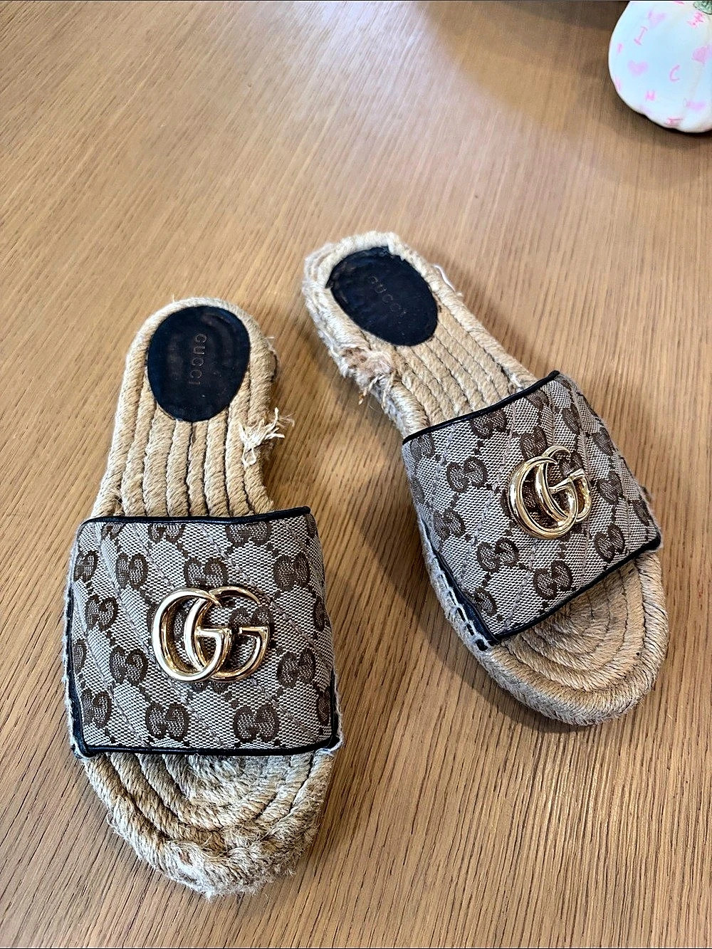 Gucci GG Marmont Espadrille Slide Sandals Brown & Beige